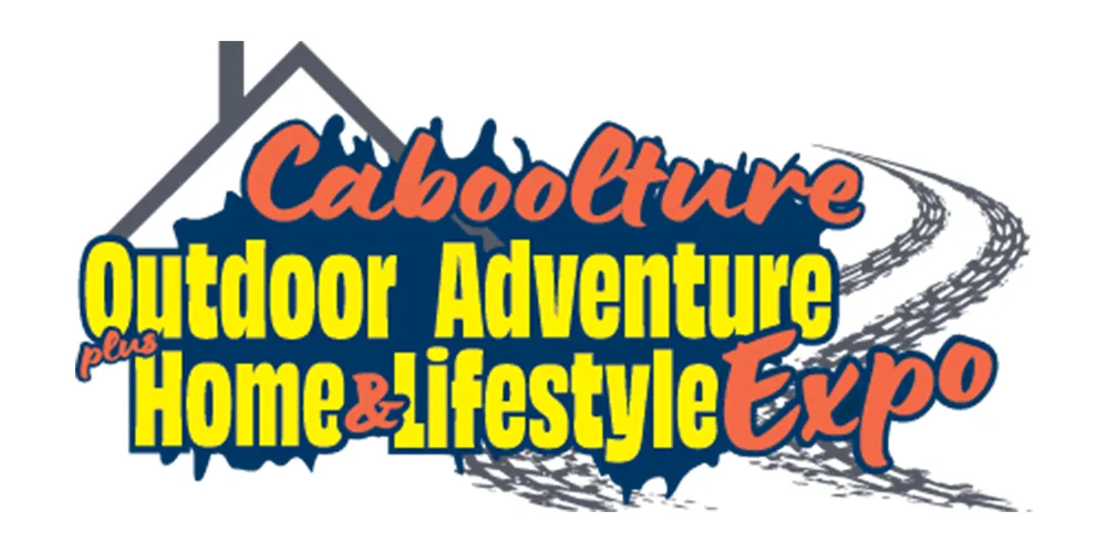 Caboolture Outdoor Adventure plus Home and Lifestyle Expo logo with stylised house roof, road graphic, and bold orange, yellow, and blue text.