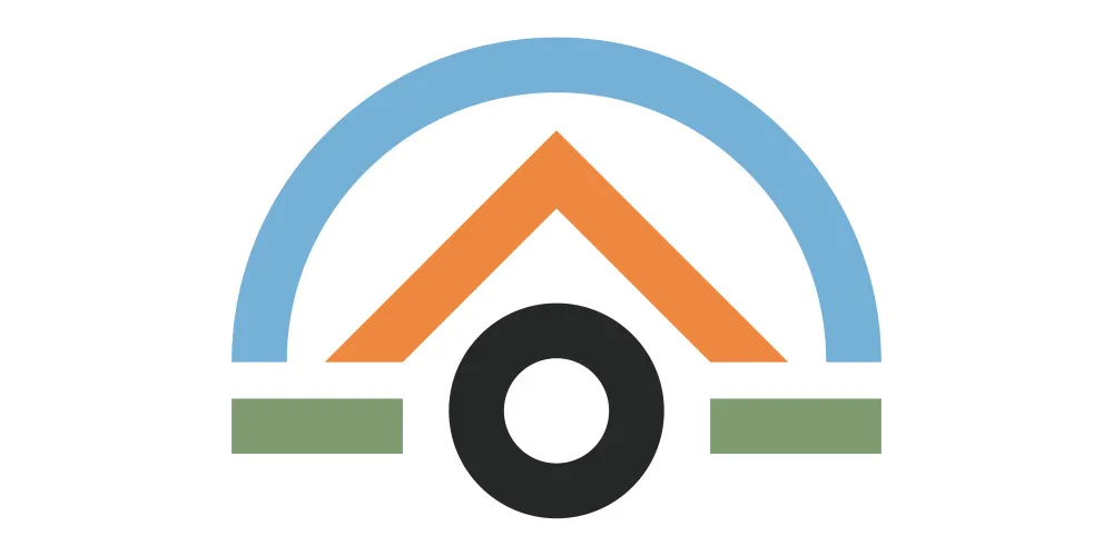 Logo for the Shepparton Outdoor Living & Caravan Expo featuring a stylised orange roof shape beneath a blue arch, with a central black circle and green horizontal bars on either side.