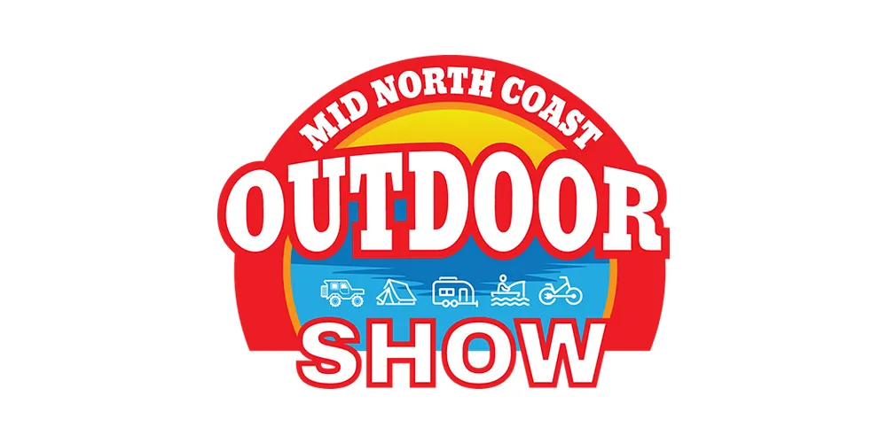 Mid North Coast Outdoor Show logo with bold red and white text over a sun and ocean background, featuring icons for 4WD, camping, caravans, boating, and motorbiking.