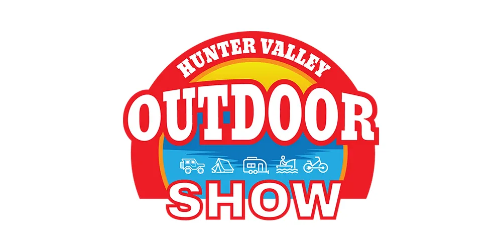 Hunter Valley Outdoor Show logo with bold red and white text over a sun and water background, featuring icons for 4WD, tents, caravans, boating, and motorbiking.