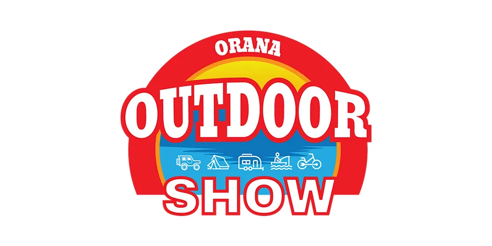 Orana Outdoor Show logo with bold red and white text over a sun and water backdrop, featuring icons for 4WD, tents, caravans, boating, and motorbiking.