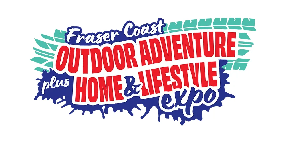 Fraser Coast Outdoor Adventure plus Home & Lifestyle Expo logo with bold red and blue text over a blue and teal abstract background.
