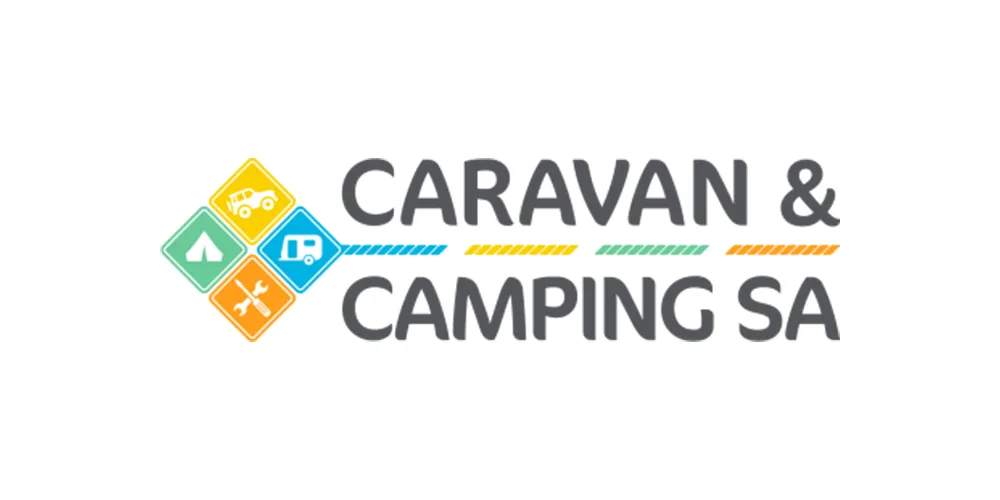 Caravan & Camping SA logo featuring four coloured diamond icons (tent, 4WD, caravan, and tools) alongside grey text reading "Caravan & Camping SA" with coloured stripes separating the elements.