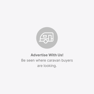 Caravea Logo Icon above the text 'Advertise With Us! Be seen where caravan buyers are looking.' on a light grey background.