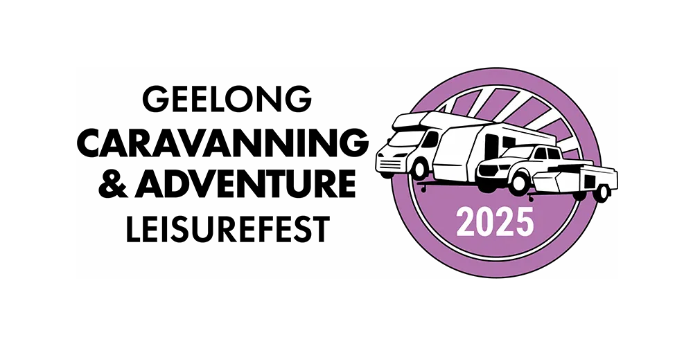 Geelong Caravanning & Adventure Leisurefest 2025 logo featuring black text and a purple circular badge with illustrated motorhome, caravan, and camper trailer icons.