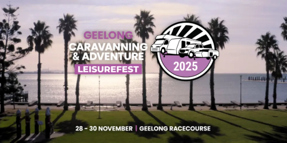 Geelong Caravanning & Adventure Leisurefest 2025 logo featuring black text and a purple circular badge with illustrated motorhome, caravan, and camper trailer icons.