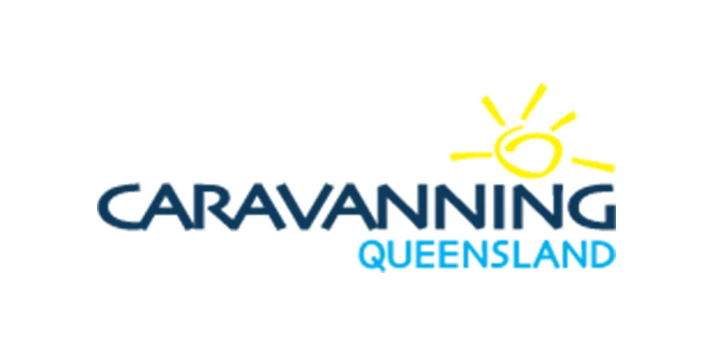Caravanning Queensland logo with the words “Caravanning Queensland” in blue text and a yellow sun icon above the lettering.