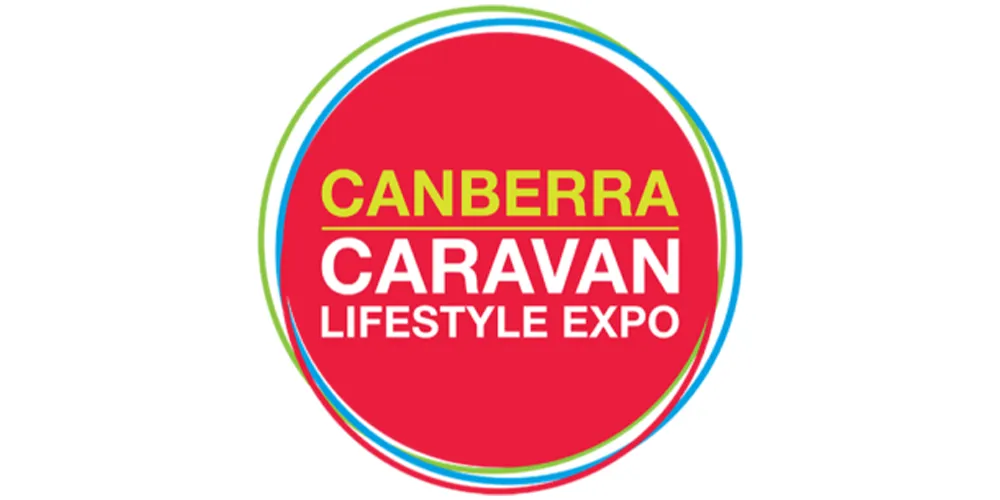 Canberra Caravan Lifestyle Expo logo featuring bold yellow and white text on a red circular background with green, blue, and white curved accent lines around the edge.