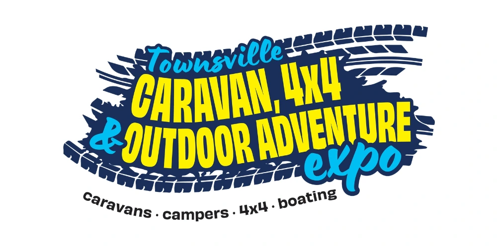 Townsville Caravan, 4×4 and Outdoor Adventure Expo logo with bold yellow and blue text and tyre-track graphic.