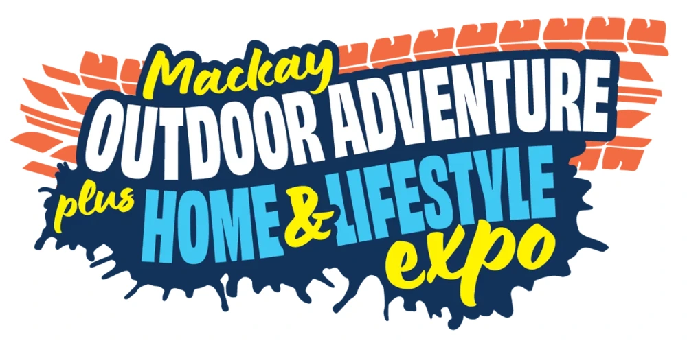 Mackay Outdoor Adventure plus Home and Lifestyle Expo logo with bold blue, yellow and orange text.