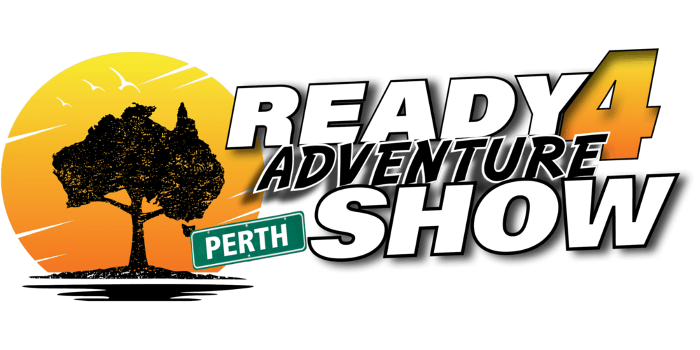 Ready 4 Adventure Show Perth logo featuring a sunset landscape, tree silhouette, and bold white and orange text.