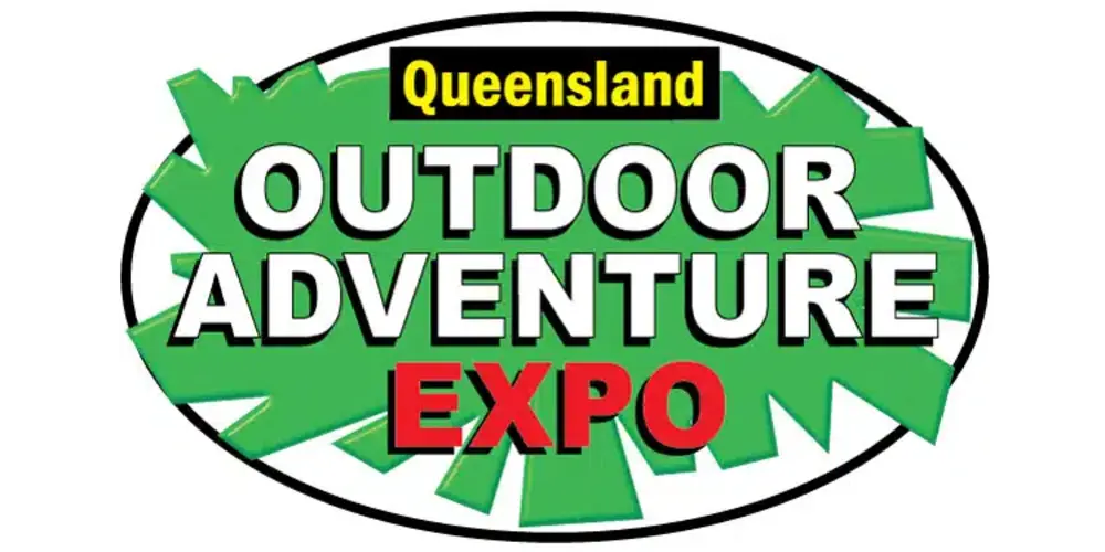 Queensland Outdoor Adventure Expo logo with green and white text inside an oval shape.