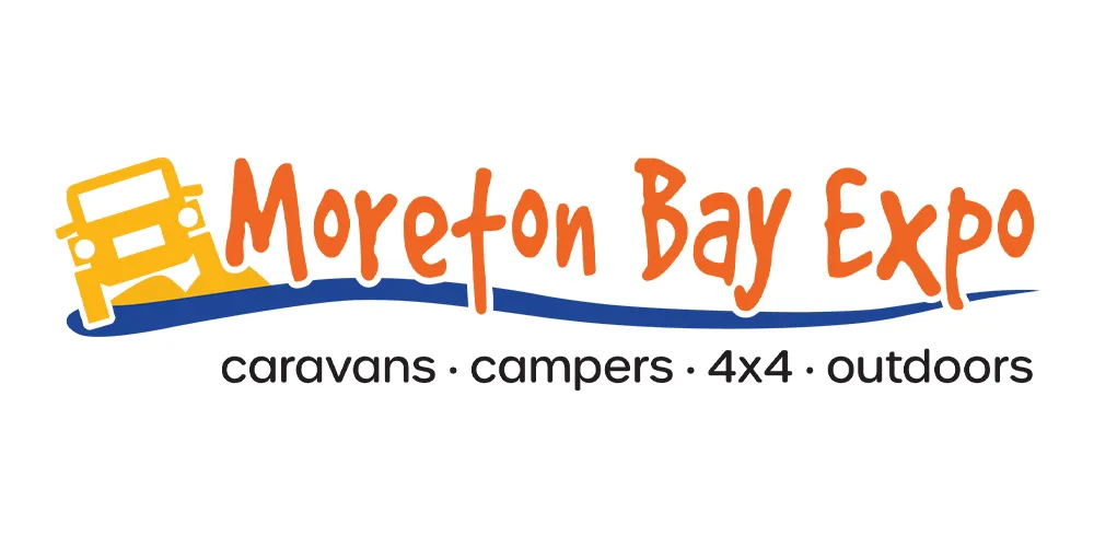 Moreton Bay Expo logo with orange text, a stylised 4WD icon, and blue wave underline.