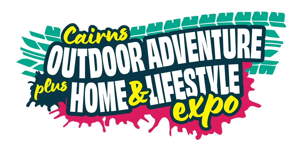 Cairns Outdoor Adventure plus Home and Lifestyle Expo logo with bold teal, white, yellow and pink text and tyre-track graphic.