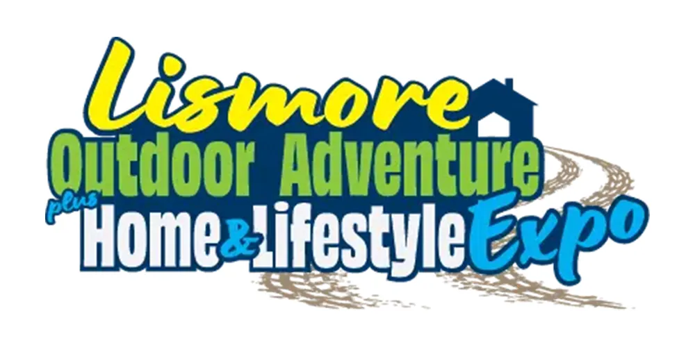 Lismore Outdoor Adventure plus Home and Lifestyle Expo logo with green, blue and yellow text and tyre-track graphic